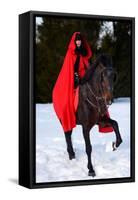 Beautiful Woman with Red Cloak with Horse Outdoor in Winter-mirceab-Framed Stretched Canvas