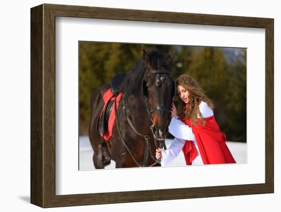 Beautiful Woman with Red Cloak with Horse Outdoor in Winter-mirceab-Framed Photographic Print