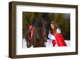 Beautiful Woman with Red Cloak with Horse Outdoor in Winter-mirceab-Framed Photographic Print