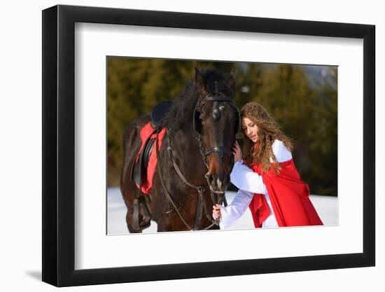 Beautiful Woman with Red Cloak with Horse Outdoor in Winter-mirceab-Framed Photographic Print