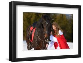 Beautiful Woman with Red Cloak with Horse Outdoor in Winter-mirceab-Framed Photographic Print