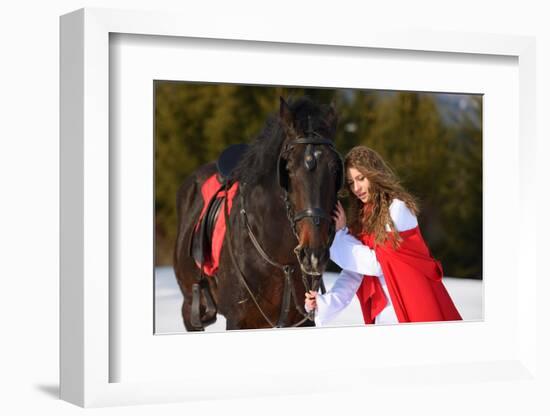 Beautiful Woman with Red Cloak with Horse Outdoor in Winter-mirceab-Framed Photographic Print