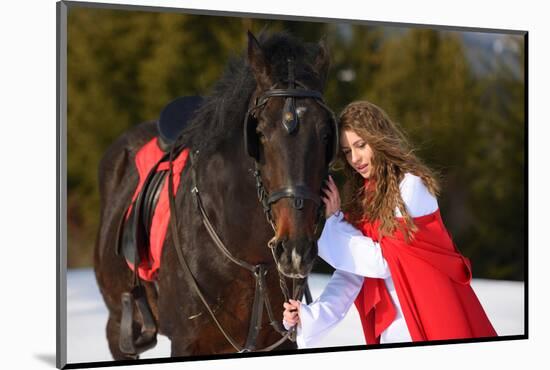 Beautiful Woman with Red Cloak with Horse Outdoor in Winter-mirceab-Mounted Photographic Print