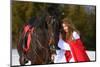 Beautiful Woman with Red Cloak with Horse Outdoor in Winter-mirceab-Mounted Photographic Print