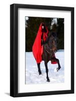 Beautiful Woman with Red Cloak with Horse Outdoor in Winter-mirceab-Framed Photographic Print