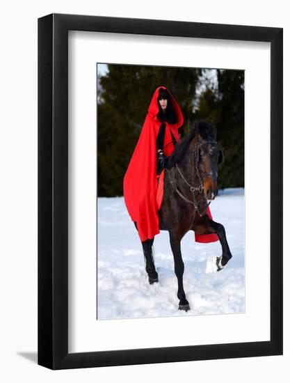 Beautiful Woman with Red Cloak with Horse Outdoor in Winter-mirceab-Framed Photographic Print