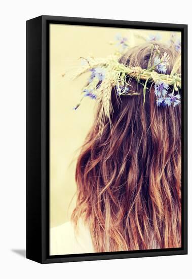 Beautiful Young Girl in Summer Field with Grain and Flower Garland-B-D-S-Framed Stretched Canvas