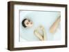 Beautiful Young Sexy Girl with Dark Hair Wet, Evening Makeup, Takes Bath with Milk Tan Perfect Skin-indira's work-Framed Photographic Print