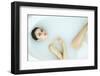 Beautiful Young Sexy Girl with Dark Hair Wet, Evening Makeup, Takes Bath with Milk Tan Perfect Skin-indira's work-Framed Photographic Print