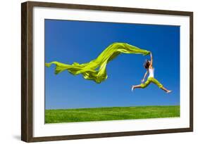 Beautiful Young Woman Jumping On A Green Meadow With A Colored Tissue-iko-Framed Photographic Print