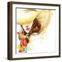 Beautiful Young Woman with Fruit Cocktail. Girl and Beach Cocktail Party. Cocktail Party Poster Bac-Faenkova Elena-Framed Art Print