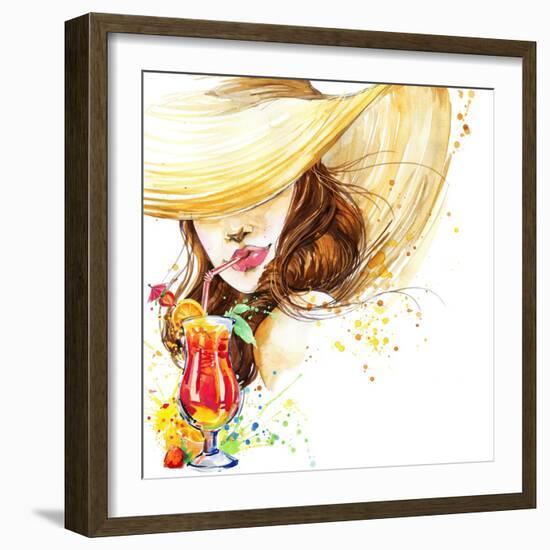 Beautiful Young Woman with Fruit Cocktail. Girl and Beach Cocktail Party. Cocktail Party Poster Bac-Faenkova Elena-Framed Art Print