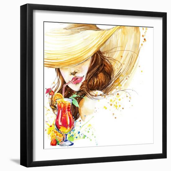 Beautiful Young Woman with Fruit Cocktail. Girl and Beach Cocktail Party. Cocktail Party Poster Bac-Faenkova Elena-Framed Art Print