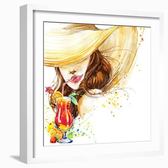 Beautiful Young Woman with Fruit Cocktail. Girl and Beach Cocktail Party. Cocktail Party Poster Bac-Faenkova Elena-Framed Art Print