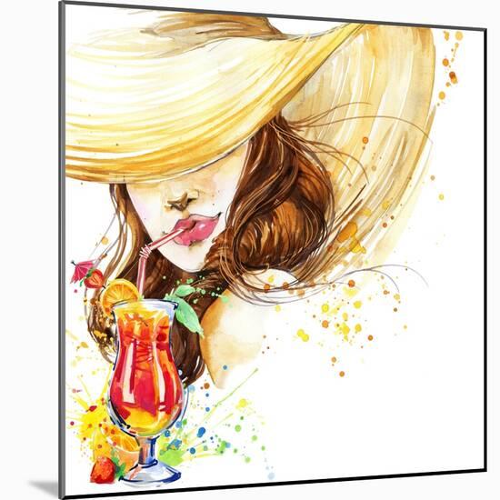 Beautiful Young Woman with Fruit Cocktail. Girl and Beach Cocktail Party. Cocktail Party Poster Bac-Faenkova Elena-Mounted Art Print