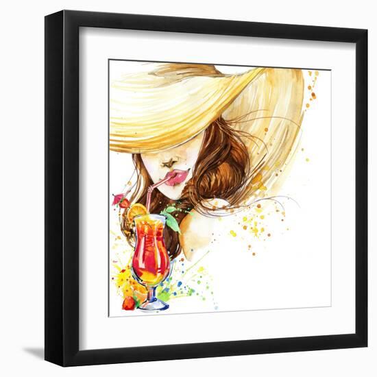 Beautiful Young Woman with Fruit Cocktail. Girl and Beach Cocktail Party. Cocktail Party Poster Bac-Faenkova Elena-Framed Art Print