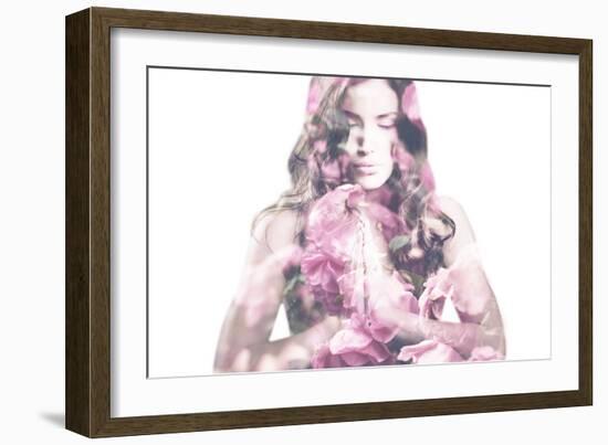 Beautiful Young Woman with Roses Double Exposure-coka-Framed Photographic Print