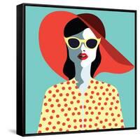 Beautiful Young Woman with Sunglasses and Hat, Retro Style. Pop Art. Summer Holiday. Vector Eps10 I-ralwel-Framed Stretched Canvas