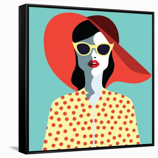 Beautiful Young Woman with Sunglasses and Hat, Retro Style. Pop Art. Summer Holiday. Vector Eps10 I-ralwel-Framed Stretched Canvas