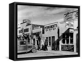 Beauty Parlor Advertising: Permanents: $3.50, $5.00 and $6.50, Shack Town, Fort Peck Dam-Margaret Bourke-White-Framed Stretched Canvas