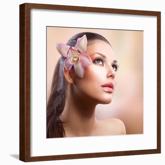 Beauty Portrait. Beautiful Stylish Girl with Orchid Flower. Pastel Colours. Perfect Face Skin-Subbotina Anna-Framed Photographic Print