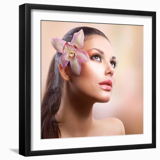 Beauty Portrait. Beautiful Stylish Girl with Orchid Flower. Pastel Colours. Perfect Face Skin-Subbotina Anna-Framed Photographic Print