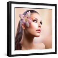 Beauty Portrait. Beautiful Stylish Girl with Orchid Flower. Pastel Colours. Perfect Face Skin-Subbotina Anna-Framed Photographic Print