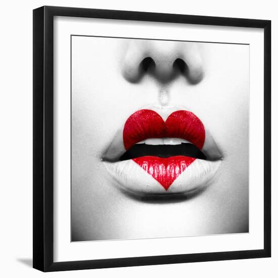 Beauty Sexy Lips with Heart Shape Paint. Love Concept. Kiss-Subbotina Anna-Framed Photographic Print