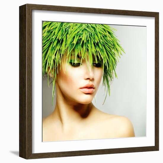 Beauty Spring or Woman with Fresh Green Grass Hair. Summer Nature Girl Portrait. Fashion Model-Subbotina Anna-Framed Photographic Print