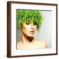 Beauty Spring or Woman with Fresh Green Grass Hair. Summer Nature Girl Portrait. Fashion Model-Subbotina Anna-Framed Photographic Print