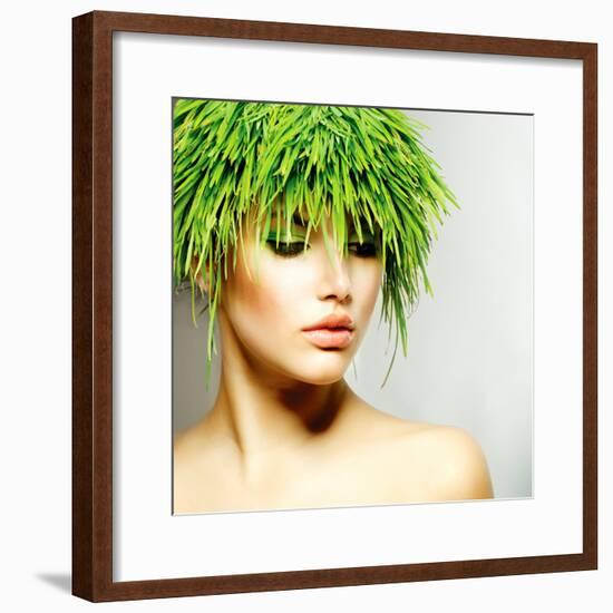 Beauty Spring or Woman with Fresh Green Grass Hair. Summer Nature Girl Portrait. Fashion Model-Subbotina Anna-Framed Photographic Print