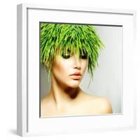 Beauty Spring or Woman with Fresh Green Grass Hair. Summer Nature Girl Portrait. Fashion Model-Subbotina Anna-Framed Photographic Print