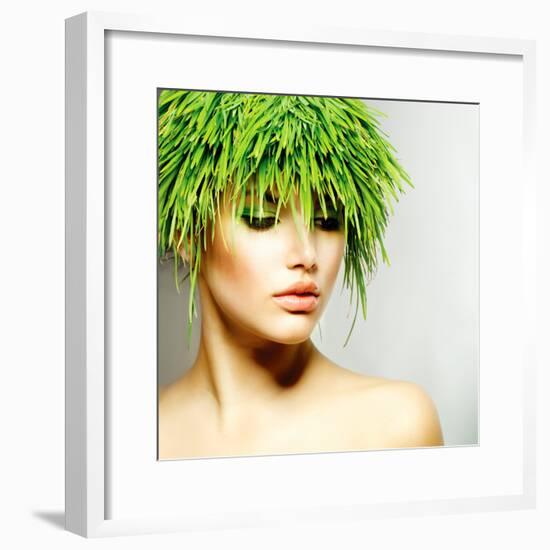 Beauty Spring or Woman with Fresh Green Grass Hair. Summer Nature Girl Portrait. Fashion Model-Subbotina Anna-Framed Photographic Print