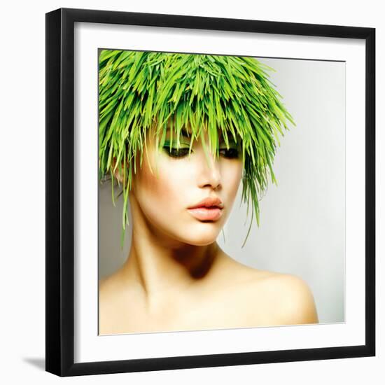 Beauty Spring or Woman with Fresh Green Grass Hair. Summer Nature Girl Portrait. Fashion Model-Subbotina Anna-Framed Photographic Print