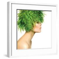 Beauty Spring Woman with Fresh Green Grass Hair. Summer Nature Girl Portrait. Fashion Model-Subbotina Anna-Framed Photographic Print