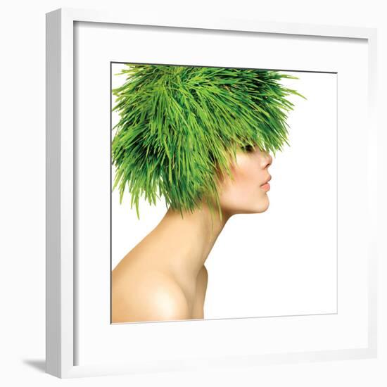 Beauty Spring Woman with Fresh Green Grass Hair. Summer Nature Girl Portrait. Fashion Model-Subbotina Anna-Framed Photographic Print
