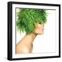 Beauty Spring Woman with Fresh Green Grass Hair. Summer Nature Girl Portrait. Fashion Model-Subbotina Anna-Framed Photographic Print