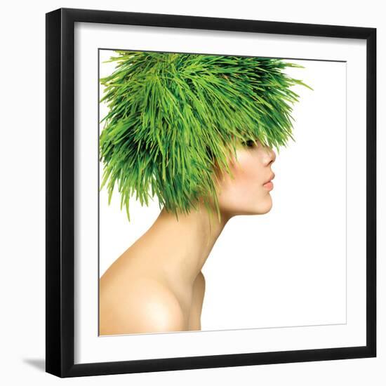 Beauty Spring Woman with Fresh Green Grass Hair. Summer Nature Girl Portrait. Fashion Model-Subbotina Anna-Framed Photographic Print