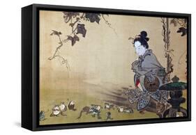 Beauty Watching Frogs at Play-Kyosai Kawanabe-Framed Stretched Canvas