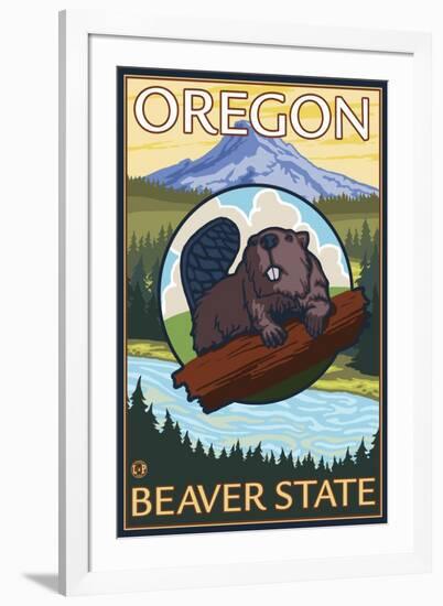 Beaver and Mount Hood Scene-Lantern Press-Framed Art Print