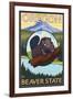 Beaver and Mount Hood Scene-Lantern Press-Framed Art Print