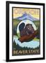 Beaver and Mount Hood Scene-Lantern Press-Framed Art Print