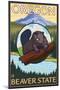 Beaver and Mount Hood Scene-Lantern Press-Mounted Art Print