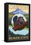 Beaver and Mount Hood Scene-Lantern Press-Framed Stretched Canvas