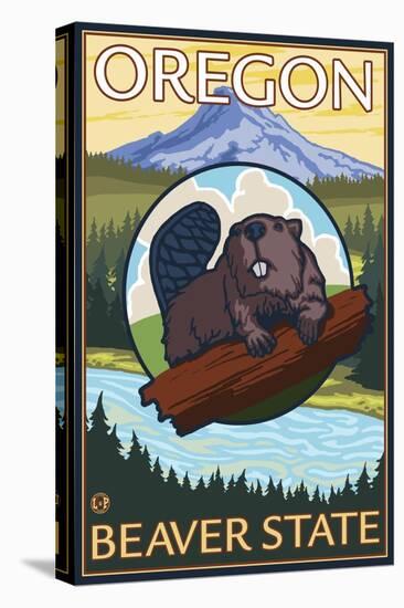 Beaver and Mount Hood Scene-Lantern Press-Stretched Canvas