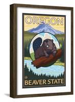 Beaver and Mount Hood Scene-Lantern Press-Framed Art Print