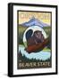 Beaver and Mount Hood Scene-Lantern Press-Framed Art Print