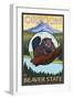 Beaver and Mount Hood Scene-Lantern Press-Framed Art Print