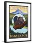 Beaver and Mount Hood Scene-Lantern Press-Framed Art Print