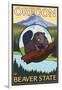 Beaver and Mount Hood Scene-Lantern Press-Framed Art Print